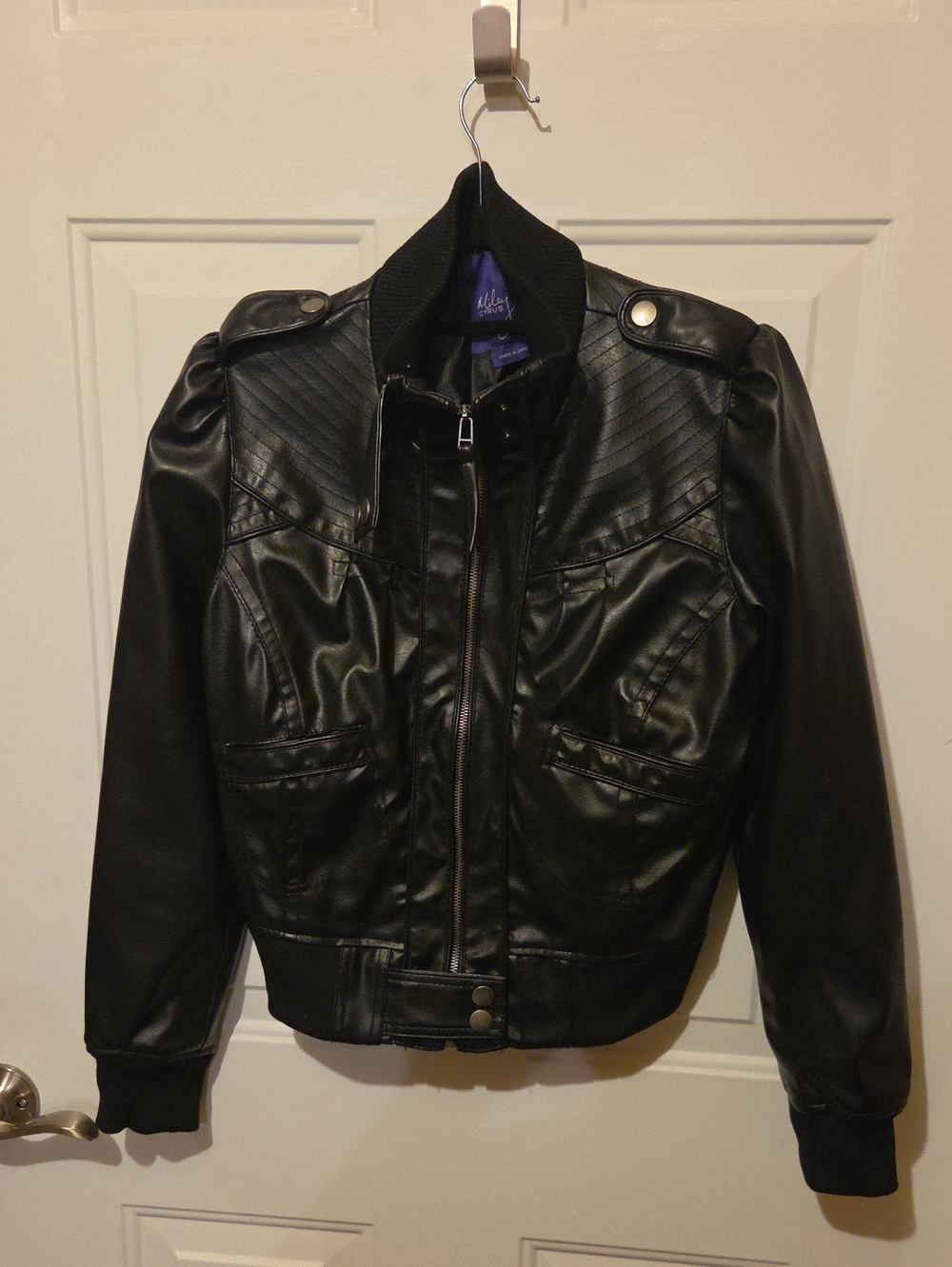 Miley Cyrus Black Faux Leather Bomber Jacket